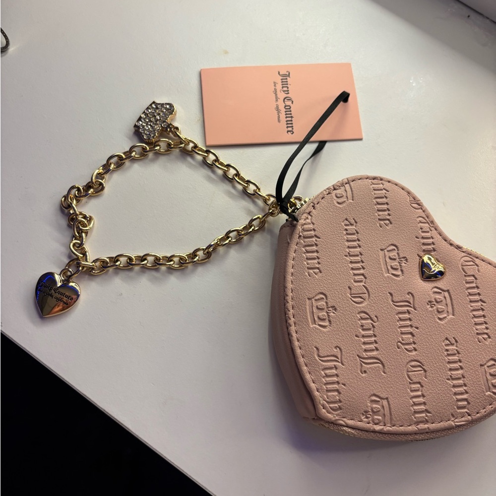 Juicy Couture Blush Heart Coin Purse with Gold Chain Bracelet